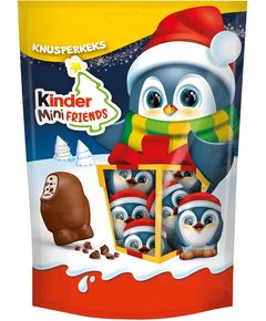 Kinder Mini Friends Цукерки шоколадні новорічні з молочно-кремовою начинкою та шматочками печива Пінгвіни 122 г