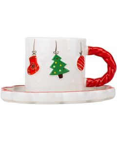 Чашка з блюдцем різдвяна керамічна Ялинкові Іграшки 230 мл