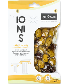 Olymp Оливки зелені-чорні з кісточкою мариновані з апельсином та травами Іоніс 250 г
