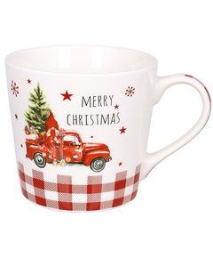 Чашка новорічна порцелянова подарункова Merry Christmas 400 мл, Дизайн: Машинка з гномом червона в клітинку