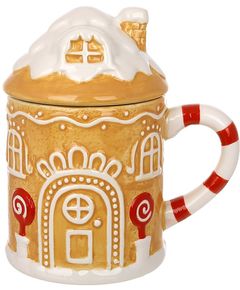 Чашка новорічна з кришкою керамічна Пряниковий Будиночок 470 мл