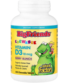 Natural Factors Big Friends Жувальний вітамін D3 10 мкг 400 МО зі смаком ягід 250 жувальних таблеток