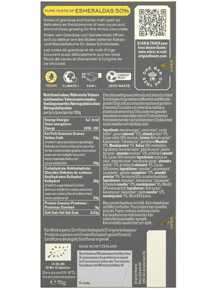Original Beans Шоколад молочний Емеральдас Еквадор 50% какао веганський органічний 70 г, зображення 2