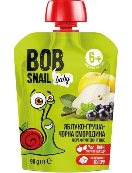 Bob Snail Пюре фруктове дитяче Яблуко-Груша-Чорна Смородина упаковка 10шт*90 г, зображення 2