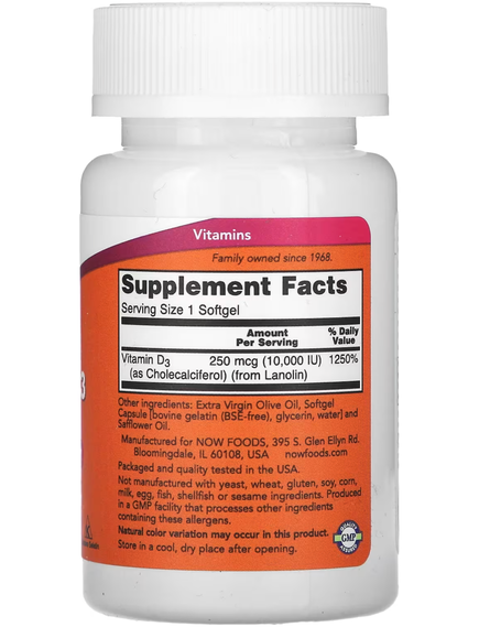 Now Foods Вітамін D3 10000 IU 120 капсул, зображення 2