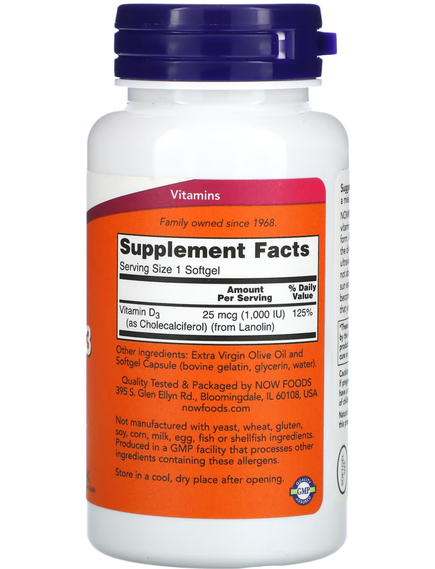 Now Foods Вітамін D3 1000 IU, Кількість в упаковці: 180 капсул, зображення 2