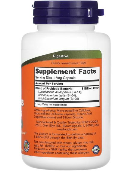 Now Foods Пробіотики Ацидофільні бактерії та біфідобактерії 8 млрд КУО 60 веганських капсул, зображення 2
