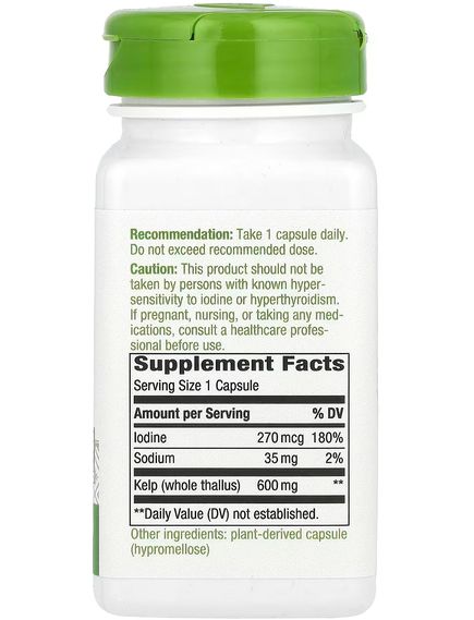 Nature's Way Водорості бурі цільні таломи 600 мг 100 веганських капсул, зображення 2