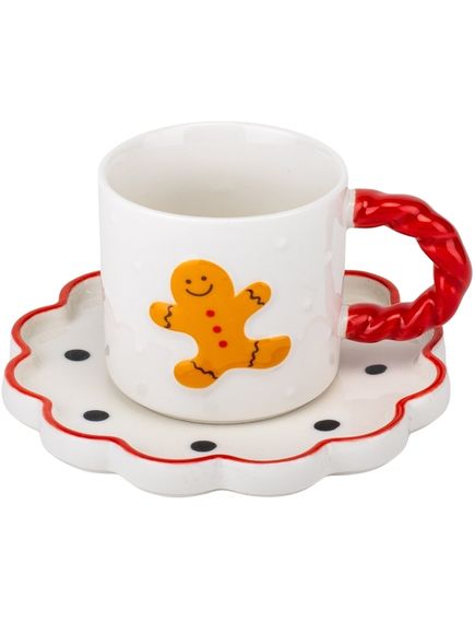 Чашка з блюдцем різдвяна керамічна Пряниковий Чоловічок 230 мл, зображення 2