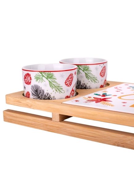 Блюдо для подачі різдвяне на бамбукових санях 2 Піали + Дощечка 34 см, зображення 2