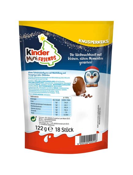 Kinder Mini Friends Цукерки шоколадні новорічні з молочно-кремовою начинкою та шматочками печива Пінгвіни 122 г, зображення 3