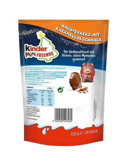 Kinder Mini Friends Цукерки шоколадні новорічні з молочно-кремовою начинкою та шматочками карамельного печива Ведмедики 122 г, зображення 3