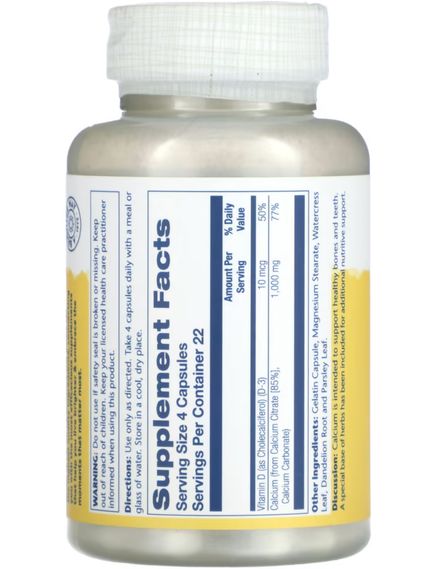 Solaray Кальцій Цитрат з вітаміном D3 1000 мг 90 капсул, зображення 2