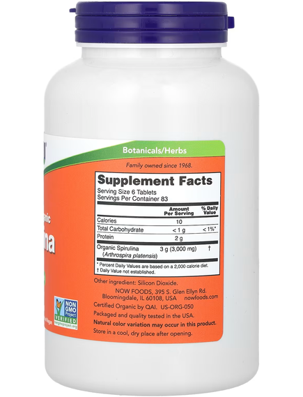 Now Foods Спіруліна 500 мг сертифікована органічна 500 веганських таблеток, зображення 2