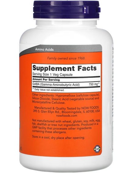 Now Foods GABA ГАМК 750 мг 200 веганських капсул, зображення 2