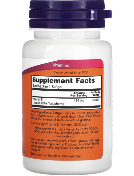 Now Foods Вітамін E-200 зі змішаними токоферолами 134 мг 200МО 100 м'яких капсул, зображення 2