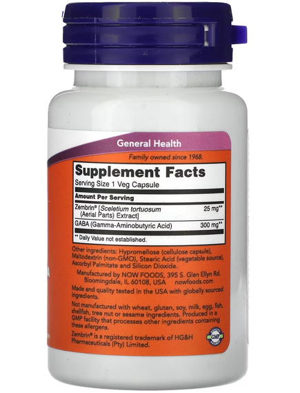 Now Foods Добавка для спокою та концентрації із зембрином і ГАМК 60 веганських капсул, зображення 2