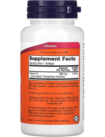 Now Foods Вітамін E-400 D-альфа-токоферил 248 мг 200МО 100 м'яких капсул, зображення 2