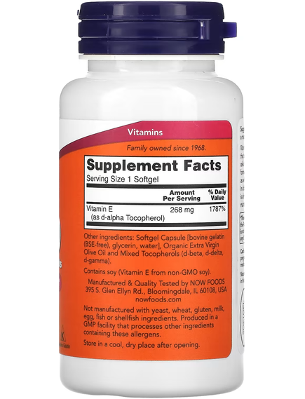 Now Foods Вітамін E-400 зі змішаними токоферолами 268 мг 400МО 100 м'яких капсул, зображення 2