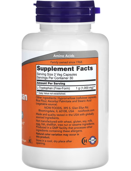 Now Foods L-Триптофан 500 мг 60 веганських капсул, зображення 2