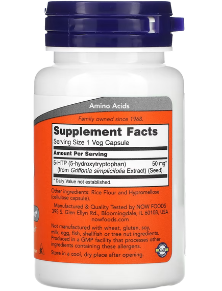 Now Foods 5-гідрокситриптофан 5-HTP 50 мг 30 веганських капсул, зображення 2