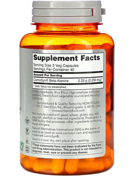 Now Foods Sports Бета-Аланін 750 мг 120 веганських капсул, зображення 2