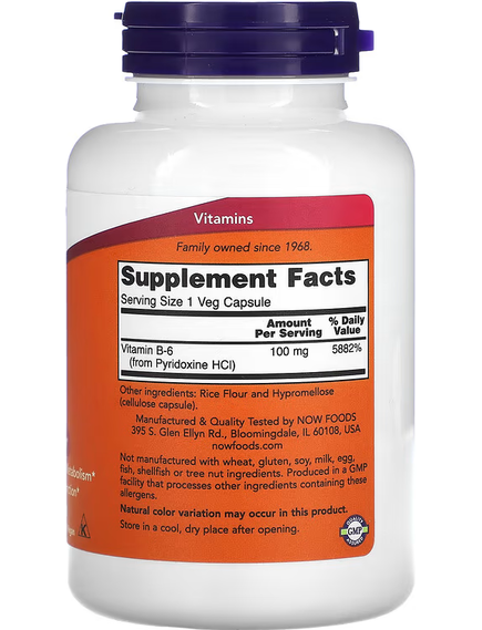 Now Foods Вітамін B-6 100 мг 250 веганських капсул, зображення 2