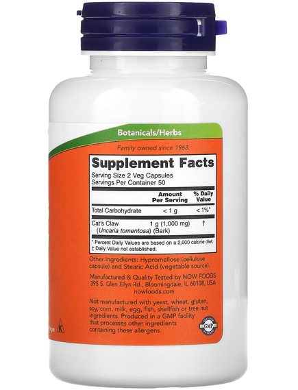 NOW Foods Котячий Кіготь 500 мг 100 веганських капсул, зображення 2