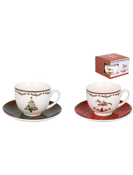 Набір чашок з блюдцями новорічних порцелянових Коник та Ялинка 2шт*240 мл, зображення 2