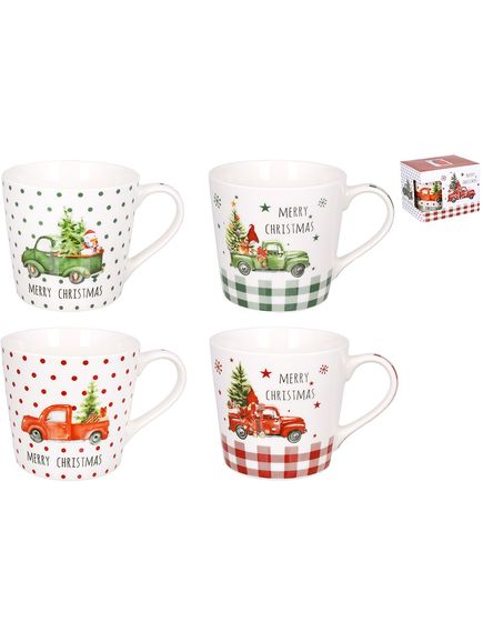 Чашка новорічна порцелянова подарункова Merry Christmas 400 мл, Дизайн: Машинка з гномом червона в клітинку, зображення 2