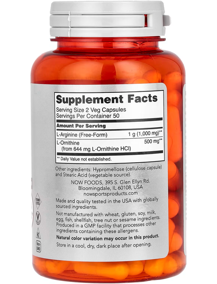 Now Foods Sports Аргінін-Орнітин 500мг/250мг 100 веганських капсул, зображення 2