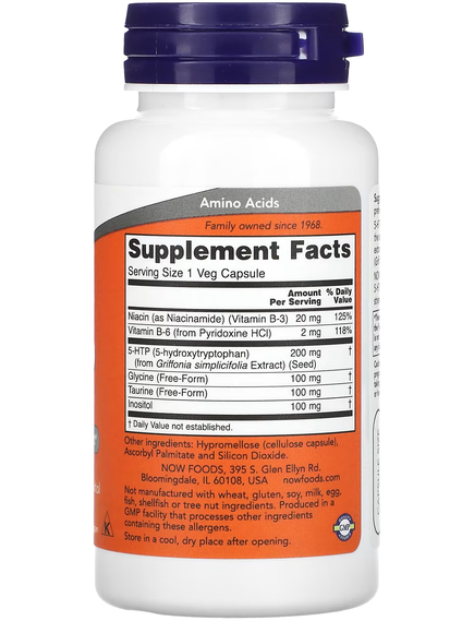 Now Foods 5-гідрокситриптофан 5-HTP Подвійної Сили 200 мг 120 веганських капсул, зображення 2