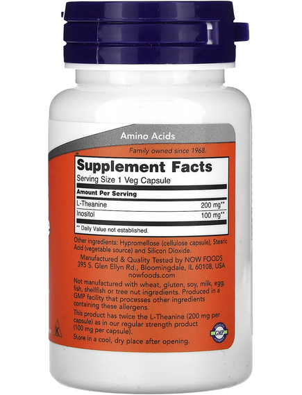 Now Foods L-Теанін 200 мг Подвійної Сили 60 веганських капсул, зображення 2
