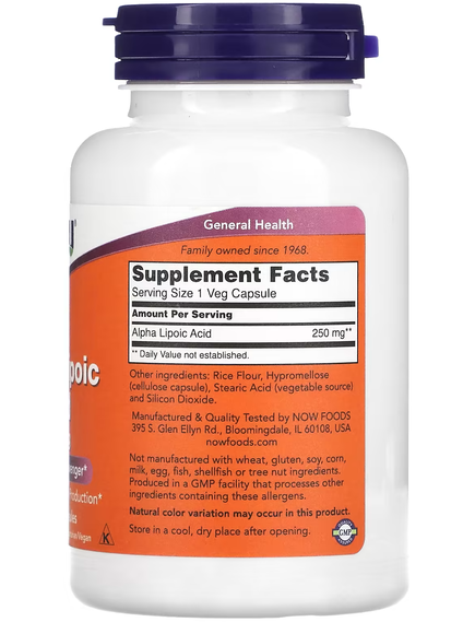 Now Foods Альфа-Ліпоєва Кислота 250 мг 120 веганських капсул, зображення 2