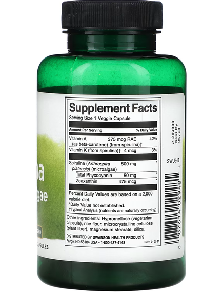 Swanson Спіруліна Синьо-Зелені Водорості 500 мг 90 вегетаріанських капсул, зображення 2