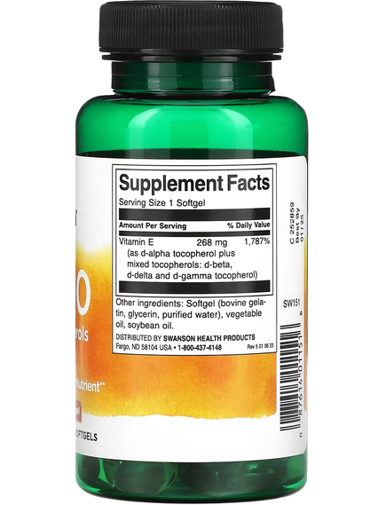 Swanson E-400 Вітамін E зі змішаними токоферолами 400МО 268 мг 100 м'яких капсул, зображення 2