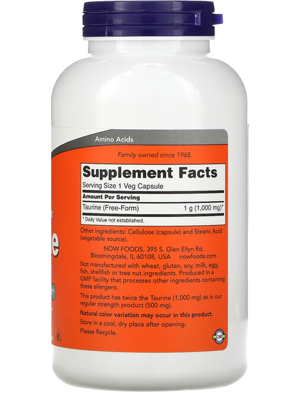 Now Foods Таурин 1000 мг Подвійної Сили 250 веганських капсул, зображення 2