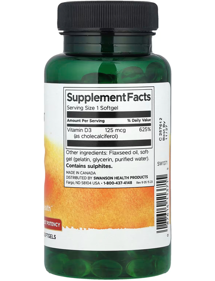 Swanson Вітамін D3 125 мкг 5000 МО Найвищої Ефективності 250 м'яких капсул, зображення 2