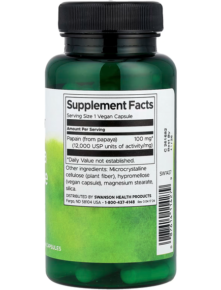 Swanson Папаїн Фермент Папаї 100 мг 90 веганських капсул, зображення 2
