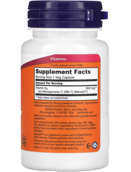 Now Foods MK-7 Вітамін K2 300 мкг Посиленої дії 60 веганських капсул, зображення 2