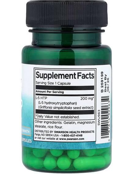 Swanson 5-гідрокситриптофан 5-HTP 200 мг Підтримка Сну 60 капсул, зображення 2
