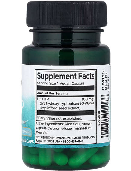Swanson 5-гідрокситриптофан 5-HTP 100 мг Боротьба зі стресом 60 веганських капсул, зображення 2