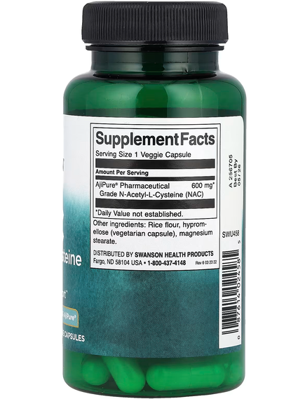Swanson NAC N-Ацетил-L-Цистеїн 600 мг 60 вегетаріанських капсул, зображення 2