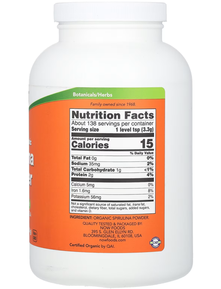 Now Foods Спіруліна 500 мг сертифікована органічна у порошку 454 г, зображення 2