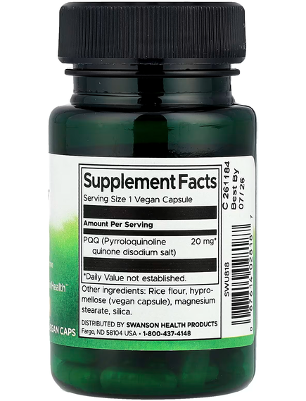 Swanson PQQ Піролохінолінхінон Для клітинної енергії та мозку 20 мг 30 веганських капсул, зображення 2