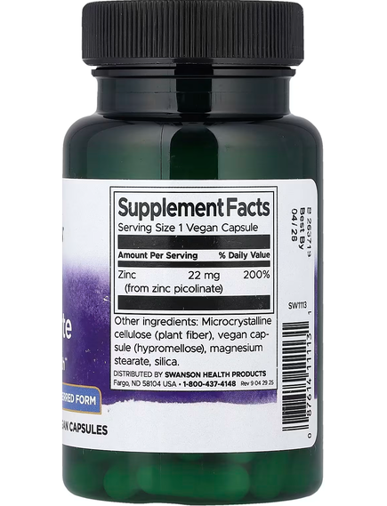 Swanson Піколінат Цинку 22 мг 60 веганських капсул, зображення 2