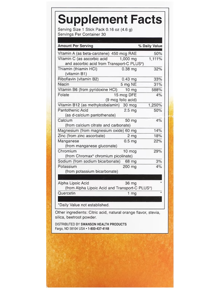 Swanson Вітамін C для енергії з Електролітами з смаком апельсину 30 пакетиків-стіків по 4,6 г, зображення 2