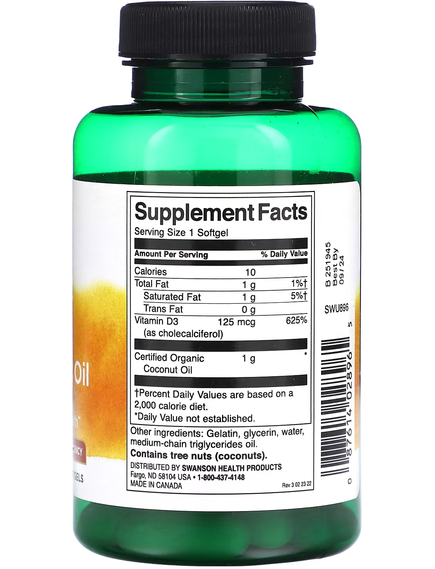 Swanson Вітамін D3 з кокосовою олією 125 мкг 5000 МО 60 м'яких капсул, зображення 2