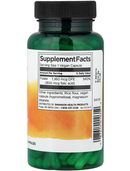 Swanson Фолієва Кислота 800 мкг 250 веганських капсул, зображення 2