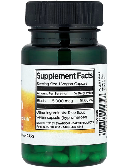 Swanson Біотин 5000 мкг 100 веганських капсул, зображення 2